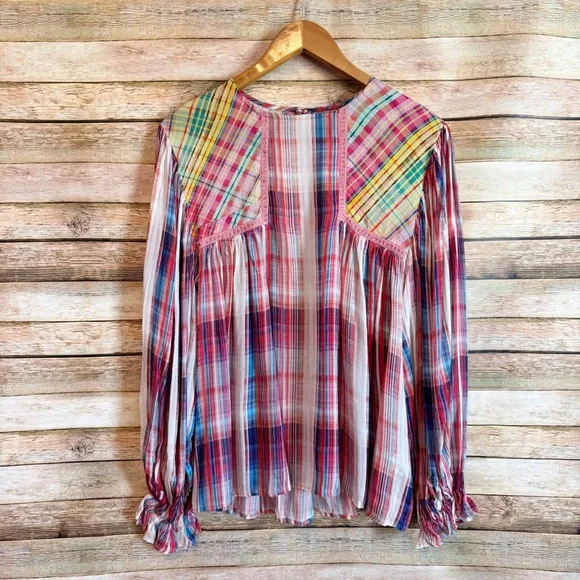 Blank London Women's Miranda Flowy Peasant Top in Rainbow Plaid Size Small - Picture 2 of 9